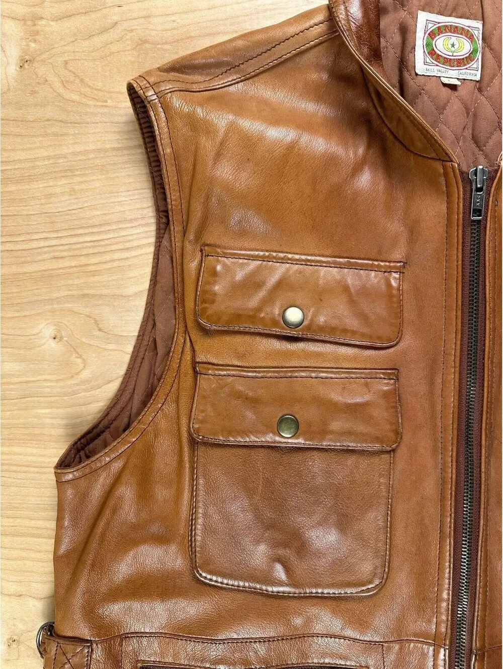 Vintage 80s Banana Republic Leather Safari Vest large utility pockets lined